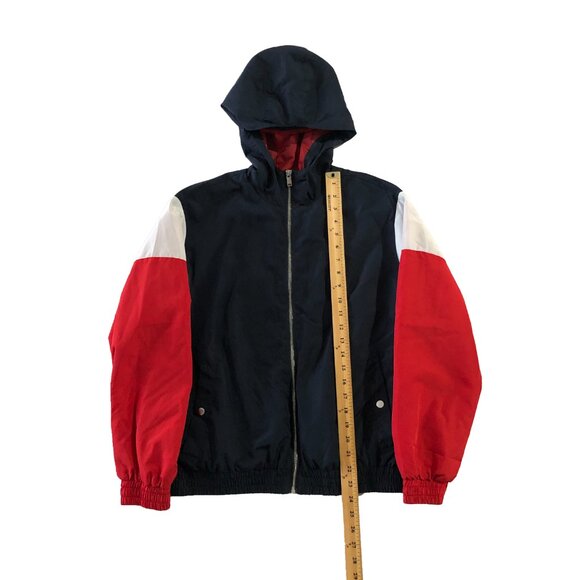 H&M Divided Mens M Full Zip Blue Red White Hooded Full Zip Windbreaker Jacket - Picture 2 of 7